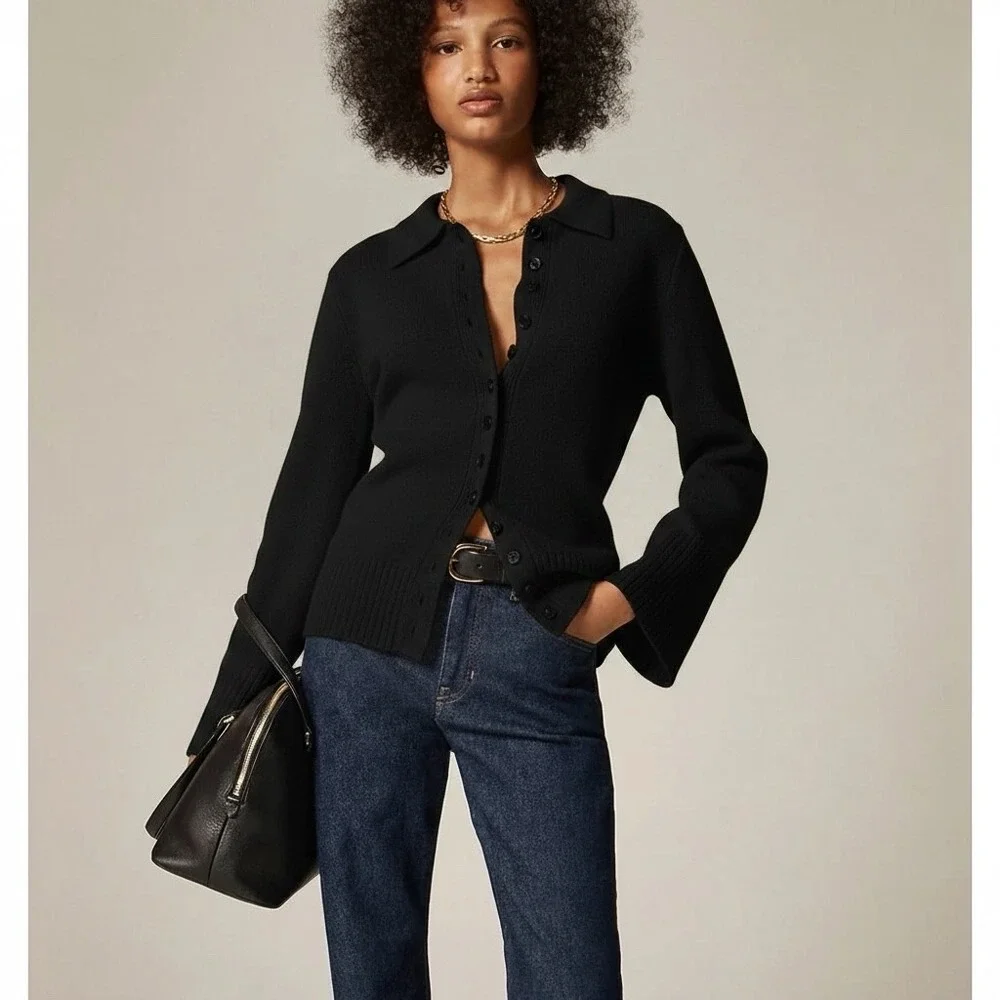 J.Crew | 2025 Milano-Stitch Cinched-Waist Cardigan XL Black Lambs Wool CM715